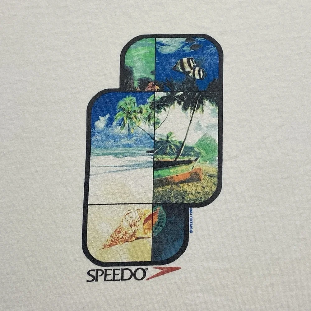 VTG 90s Speedo White T-Shirt Men's Sz L Graphic Beach Fish Nature‎ Distressed